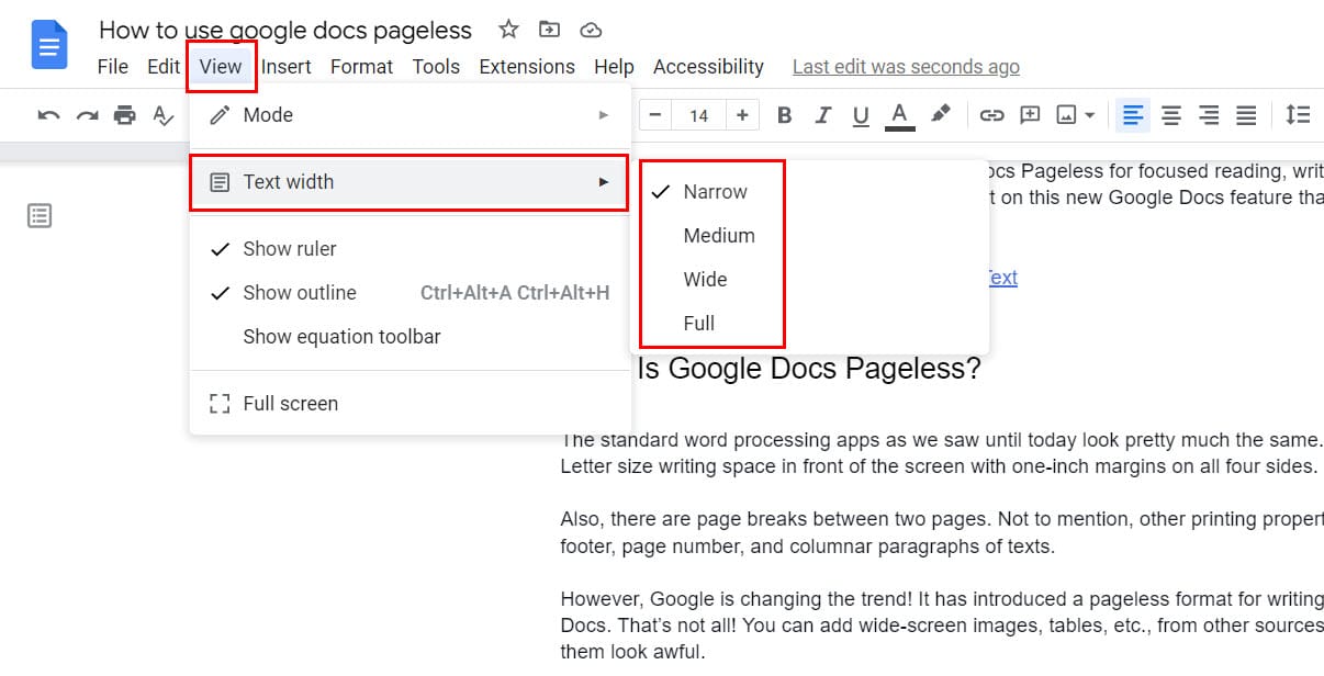 Use View tab to get text width option on Google Docs