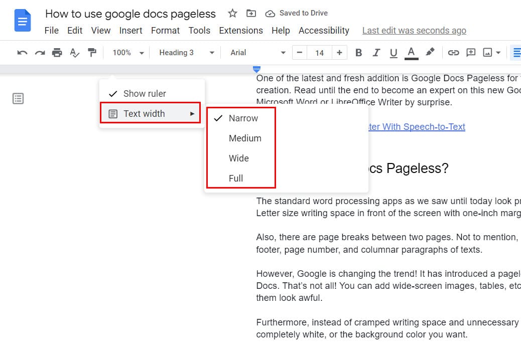 Use text width feature on Google Docs Pageless