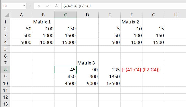 Using Excel subtraction formula to deduct one matrix from another