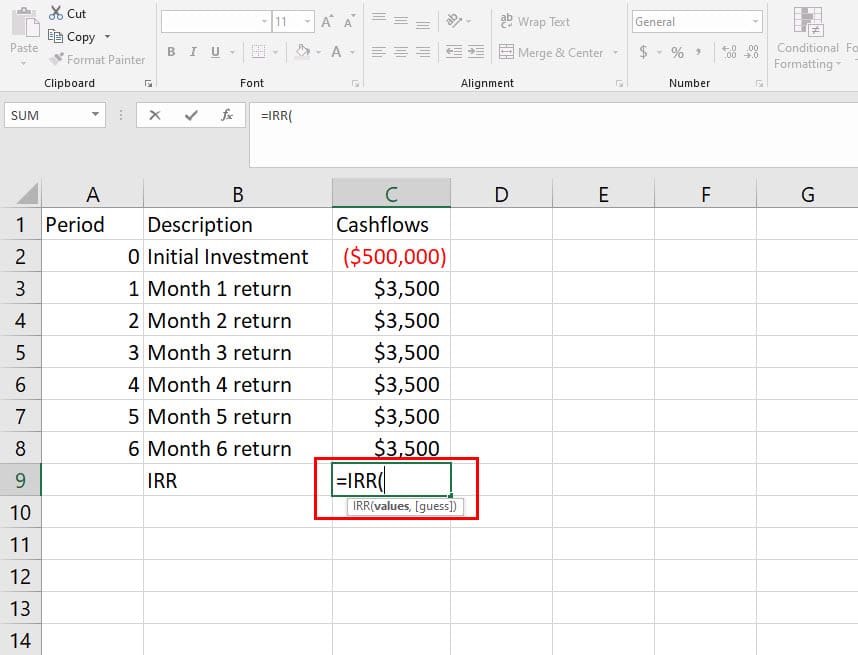 Using the IRR formula in Excel
