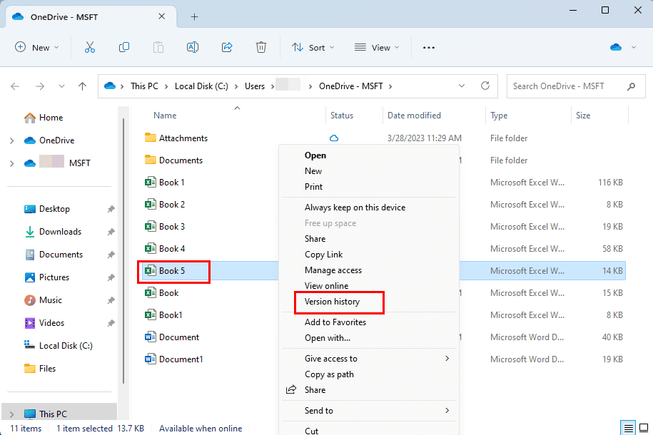 Accessing version history to fix error 0x80071129 of OneDrive