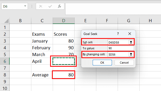 Components and parameters for Excel Goal Seek