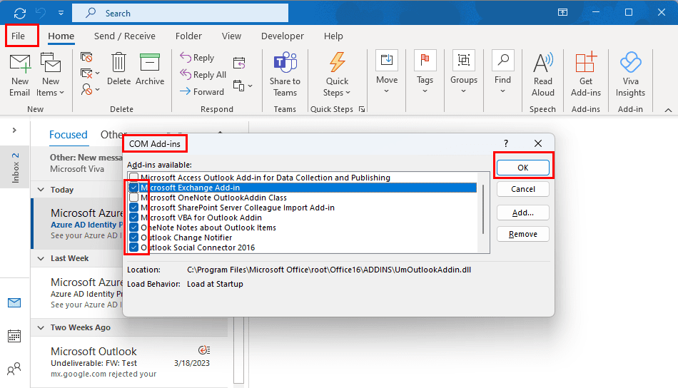 Disable add-ins to fix Outlook Disconnected from Server Issue