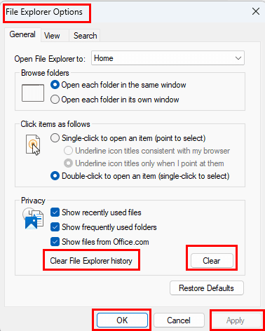 How to clear File Explorer History