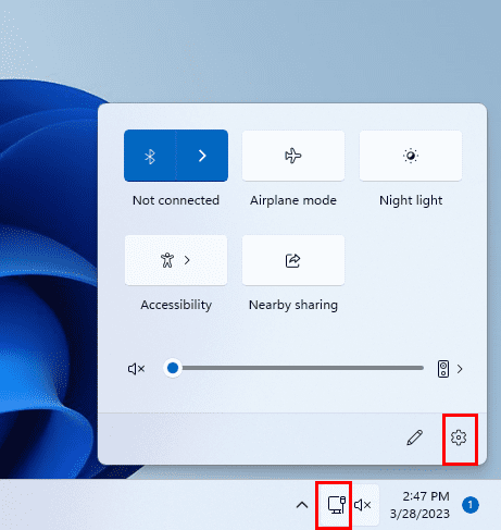 Network and internet settings on system tray