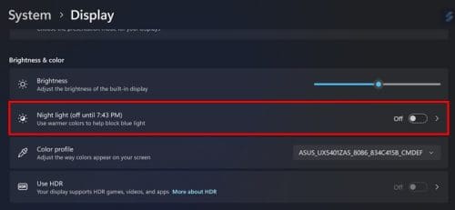 Night Light option Settings Windows 11