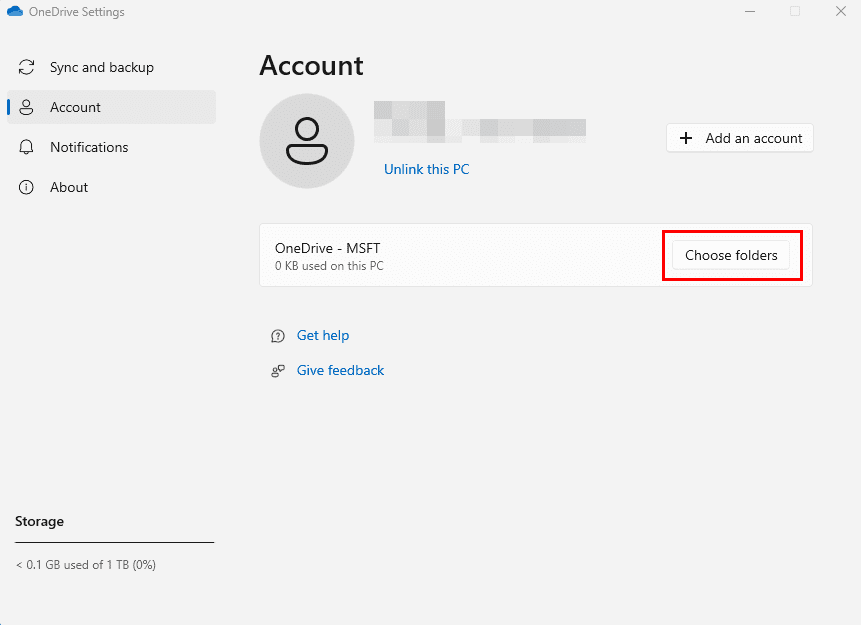OneDrive Settings Account folder