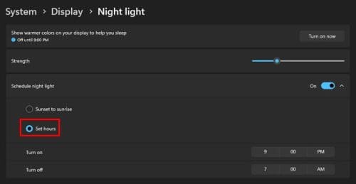 Set Night Light hours Windows 11