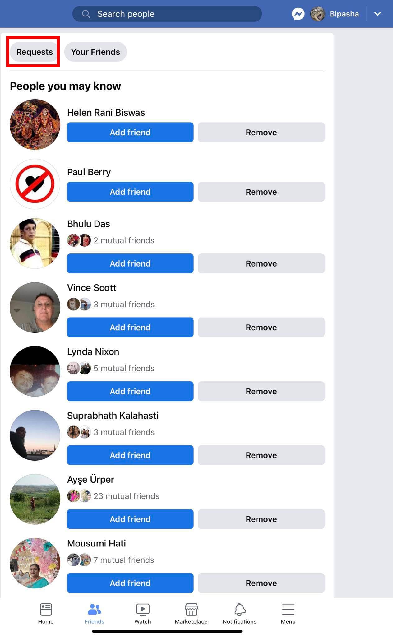 The Friends tab on iOS Facebook app