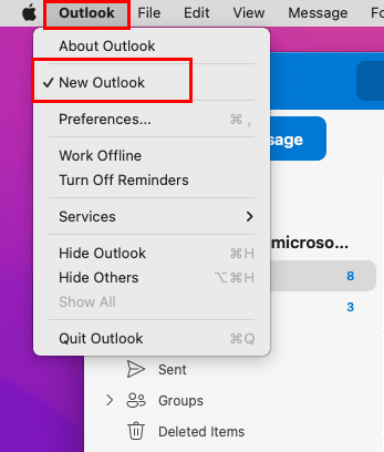 Desmarque la nueva perspectiva en el ícono del menú de Outlook en Mac