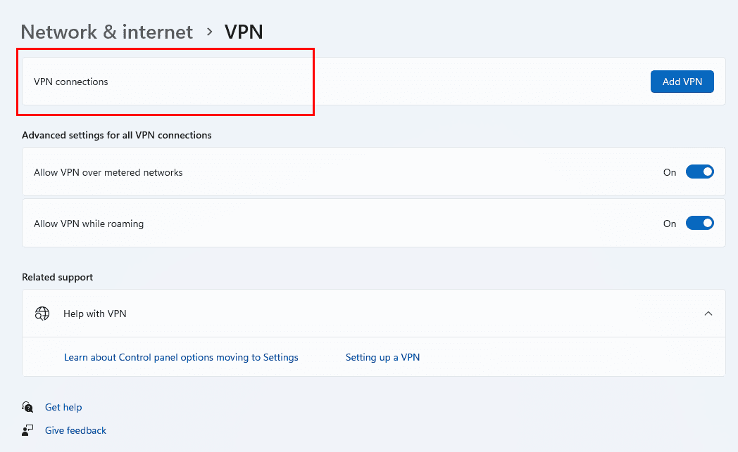 VPN Connections will house all active manual VPNs