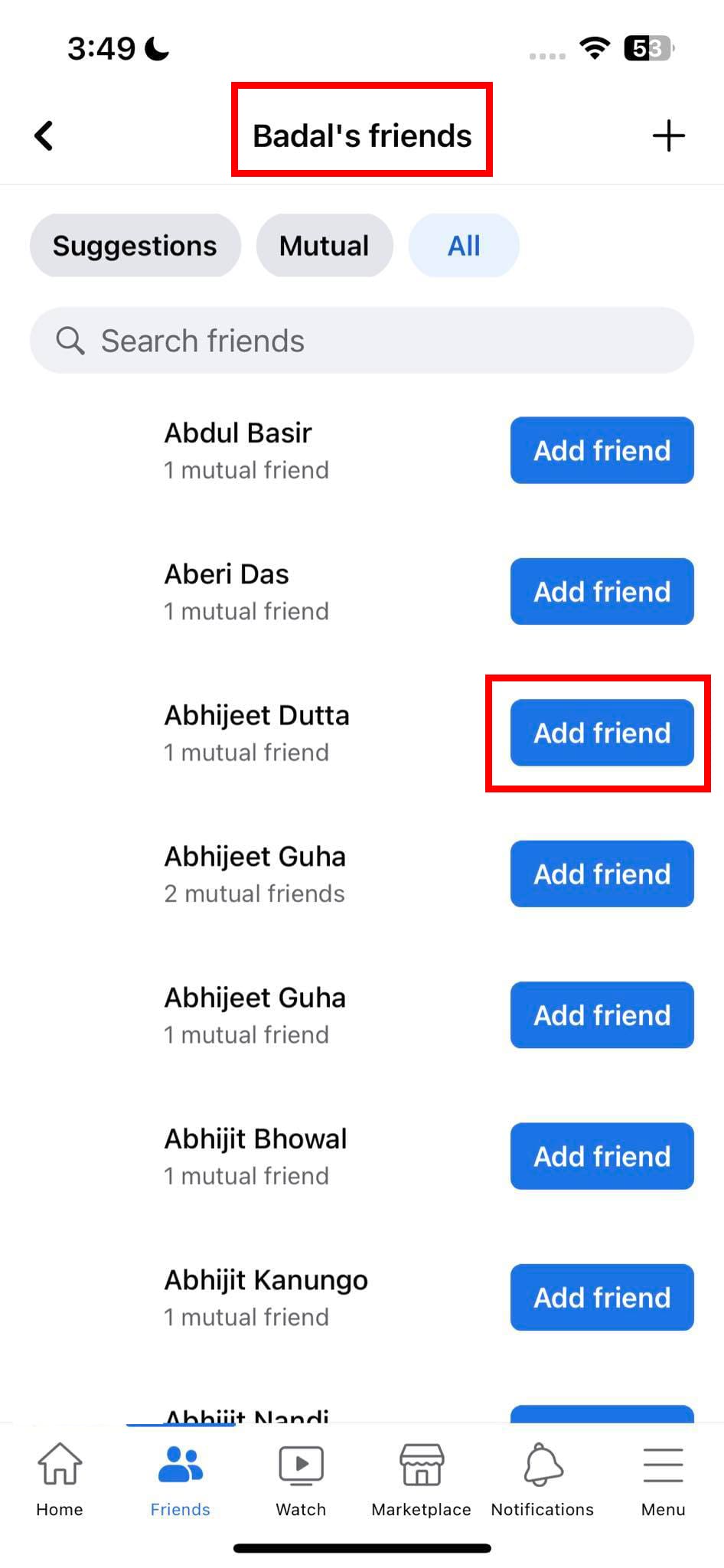 Add a mutual friend to get the Add Friend for a target Facebook profile