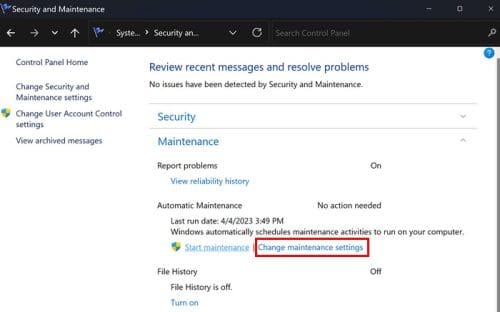 Change maintenance settings Windows 11