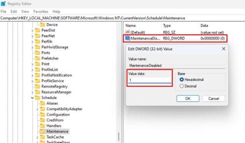 Change value for MaintenanceDisable file Registry