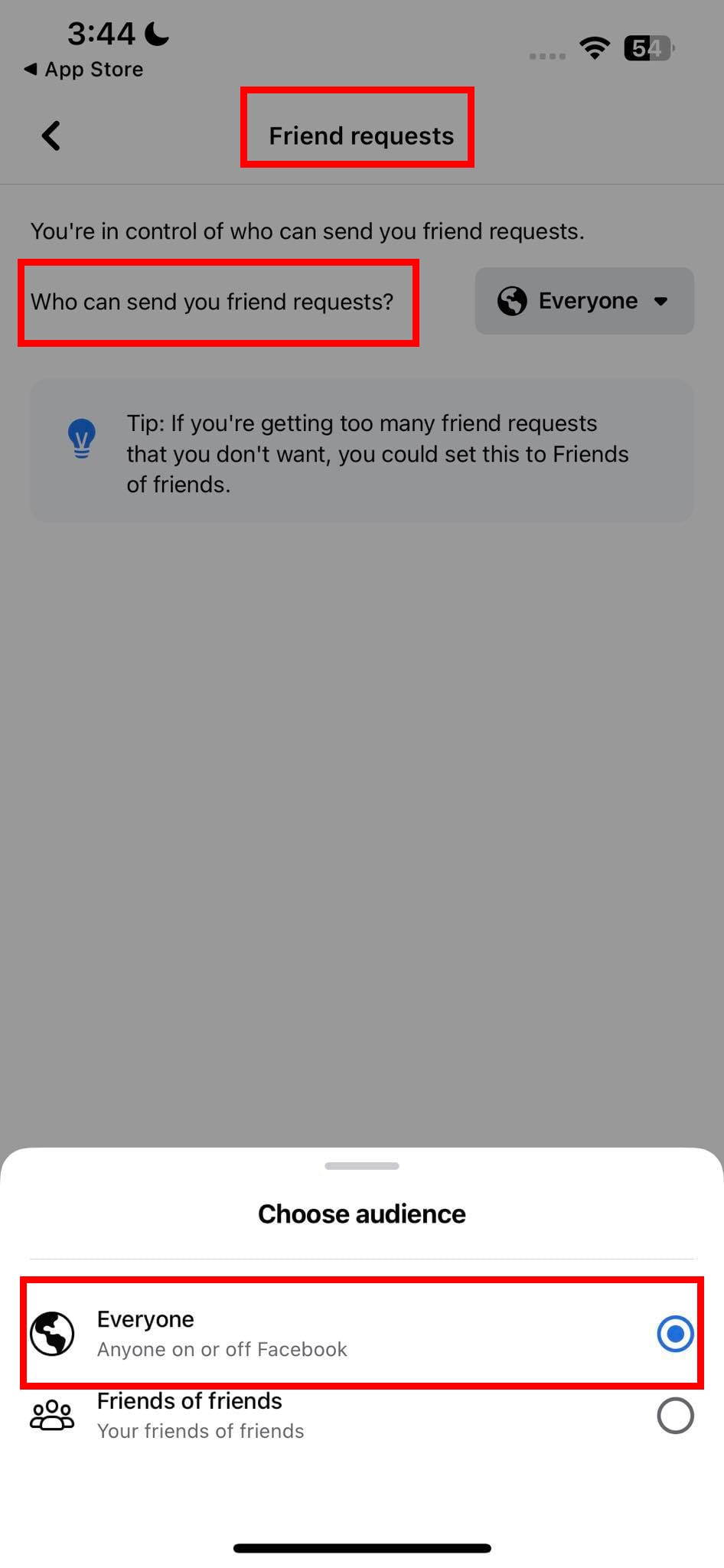 Changing friend request setting to Everyone on Facebook