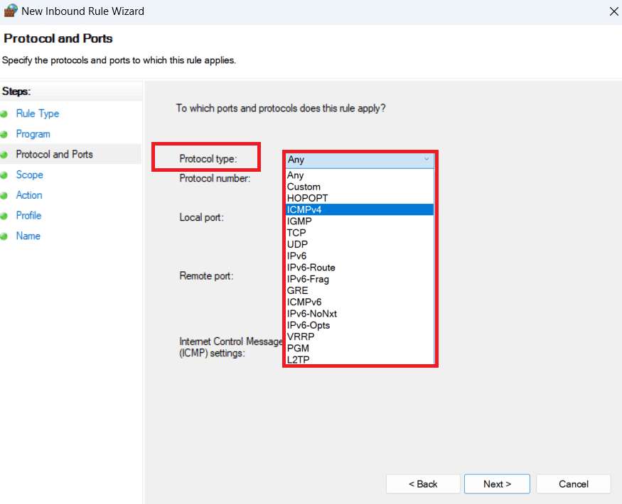 Choose ICMPV4 or ICMPV6 from the Protocol type drop-down menu