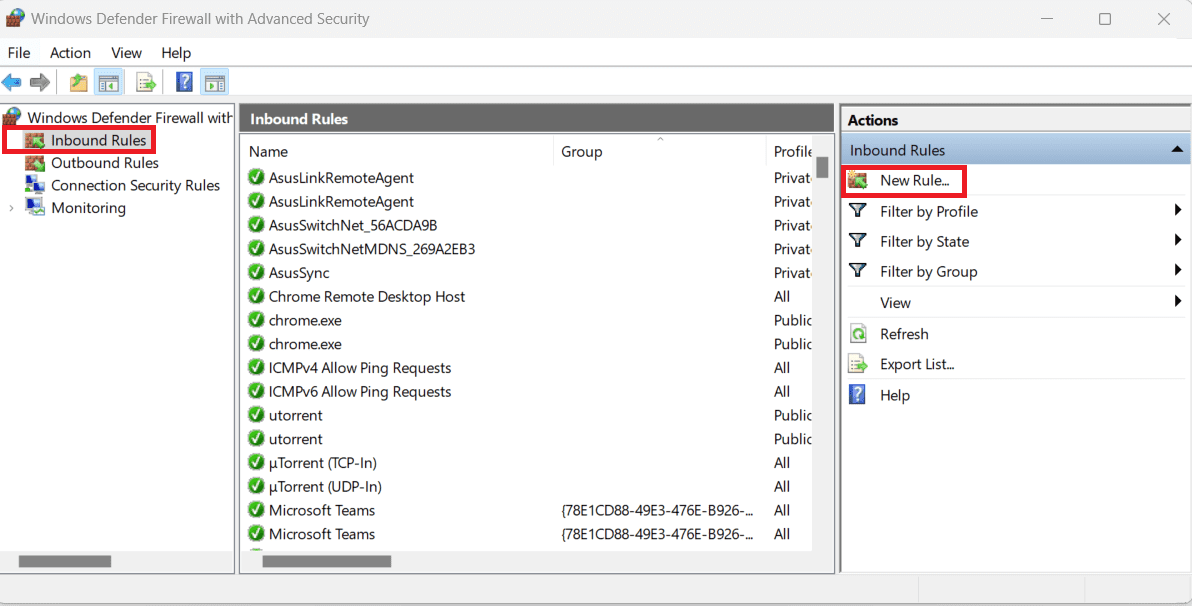 Click on New Rule to add new rule regarding ping through firewall