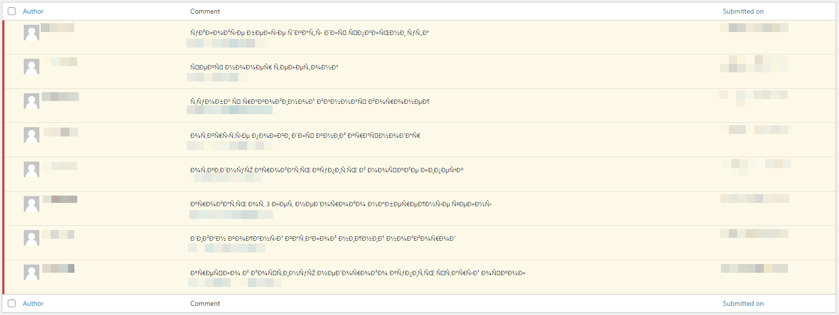 Example of spam comment attempts from spamming websites via blog comments