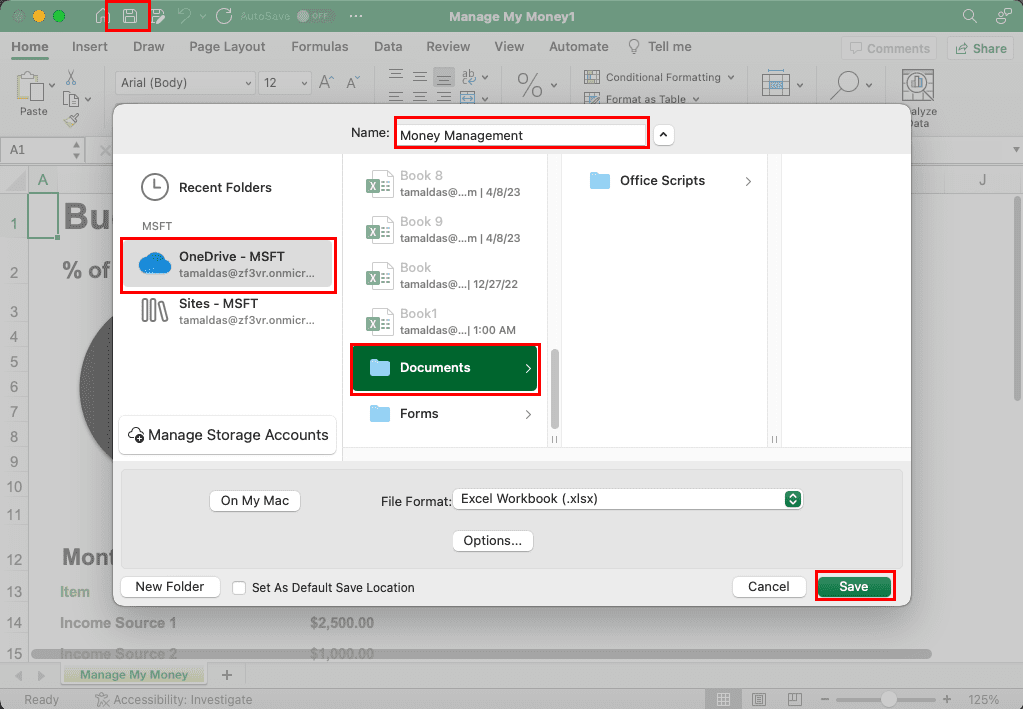 How to create and save Excel workbook on OneDrive on Mac