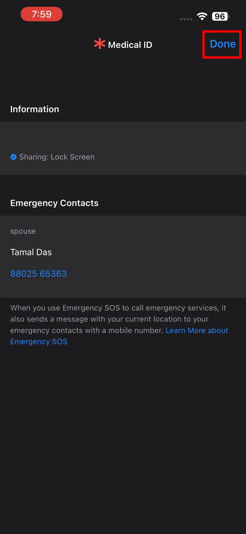 Medical ID screen of Emergency SOS