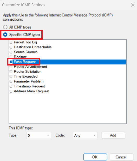 How to select Echo Request in Specific ICMP types
