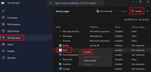 Startup app in Task Manager for Windows 11