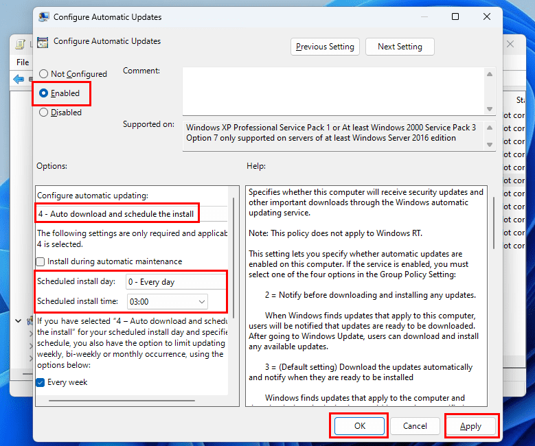 Technical sepcs of configure automatic updates