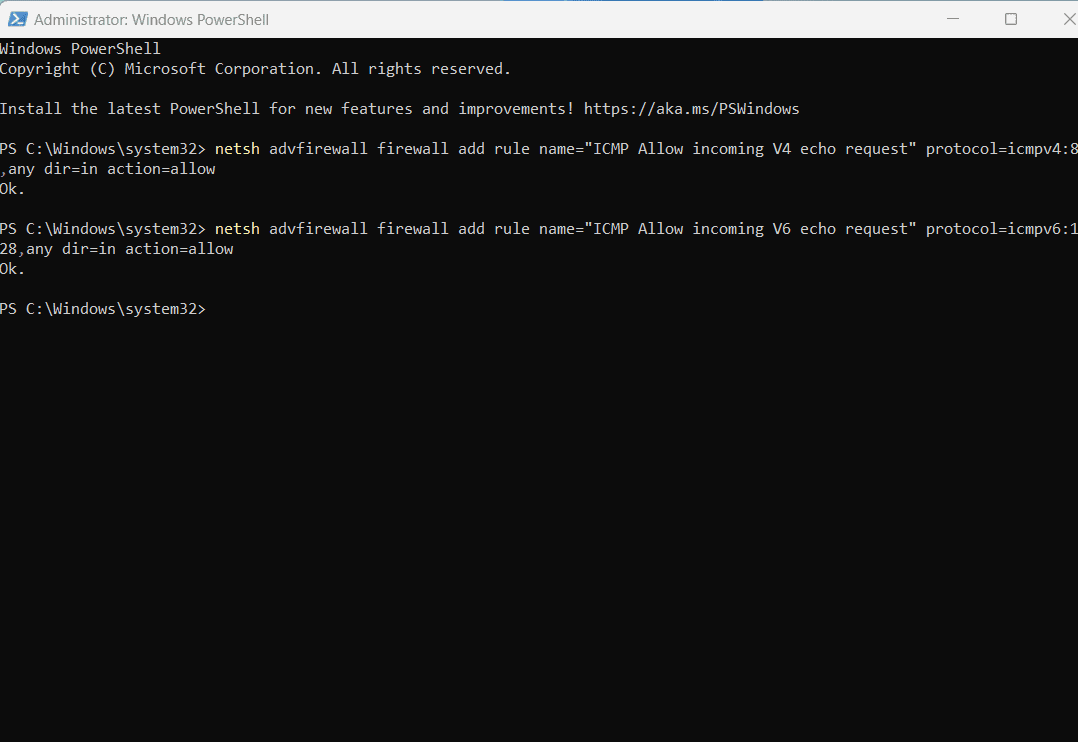 Use commands on PowerShell to allows ICMP echo request or ping through firewall