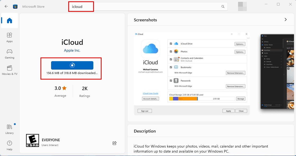 iCloud download from Microsoft Store
