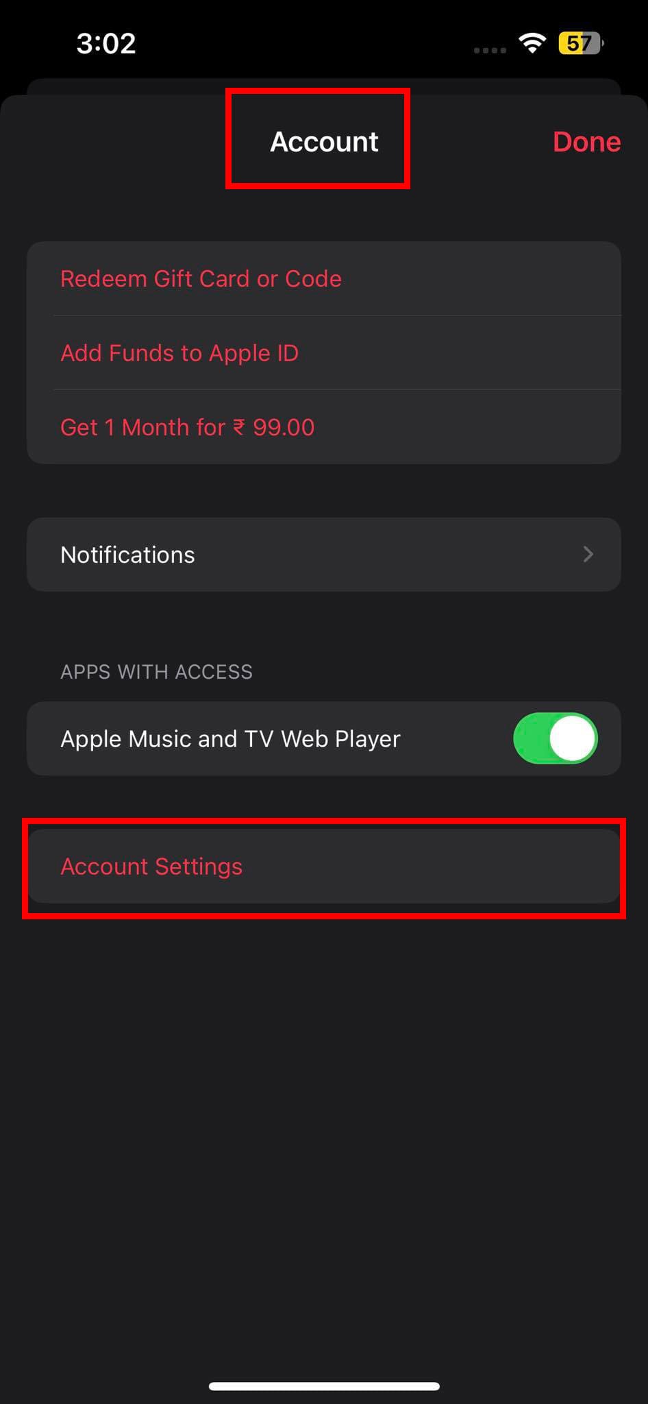 Account Settings option on Account on Apple Music App