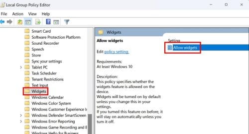 Allow widgets option in Group Policy Editor