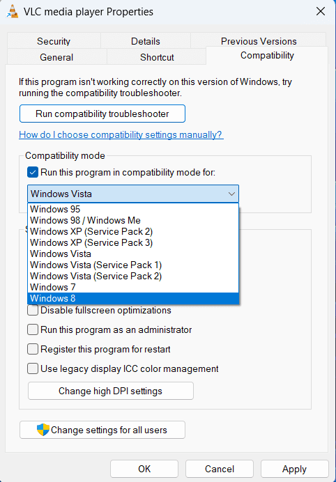 Choose any old Windows version to run the app in compatibility mode