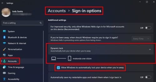 Dynamic Lock option Windows 11 Settings