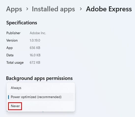 Let apps run in the background Never option in Windows 11
