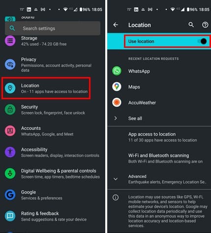 Location in Android Settings