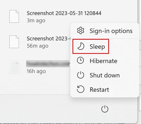 Sleep option from the Windows 11 Start button