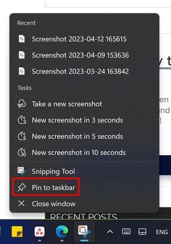 Snipping Pin to taskbar