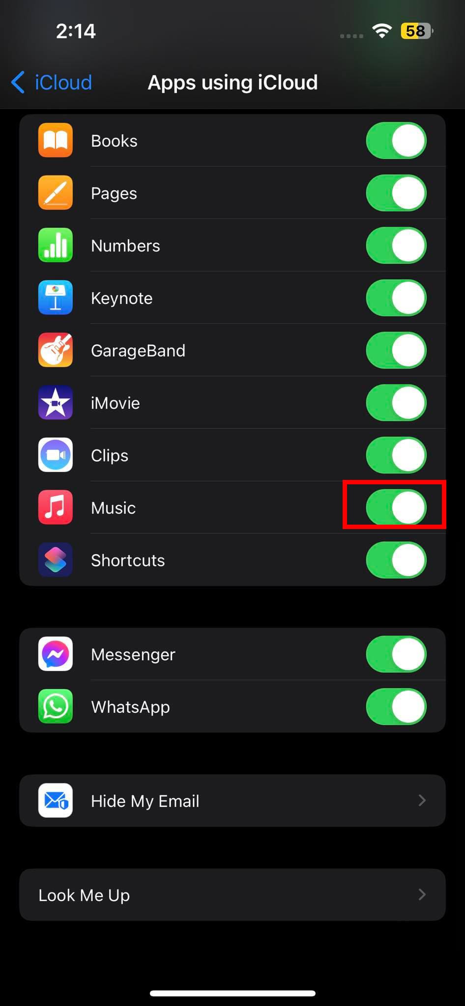 Toggle On and Off iCloud access of Apple Music app on an iPhone