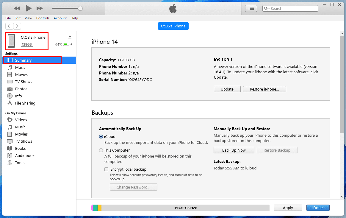 iPhones's summary page on itunes for Windows 11