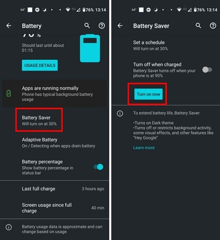 Battery saver option in Android settings