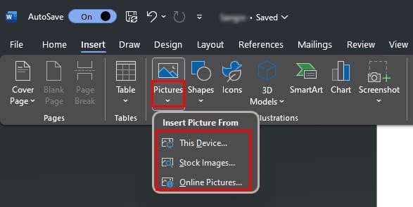 Insert image from options in Microsoft Word