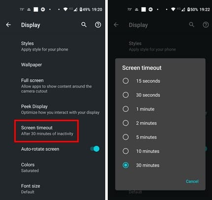 Screen timeout option on Android