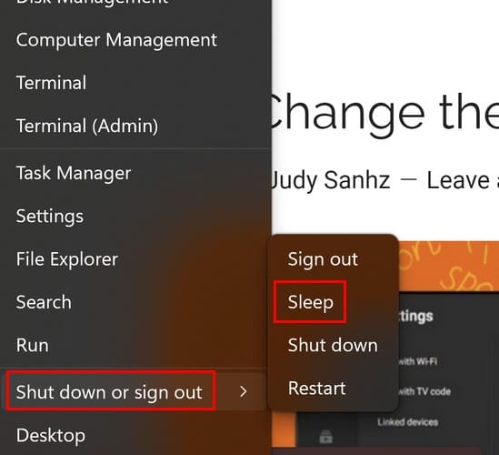 Sleep option from Windows Start Menu