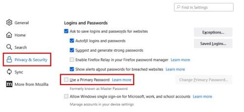 Use a primary password option in Firefox Settings