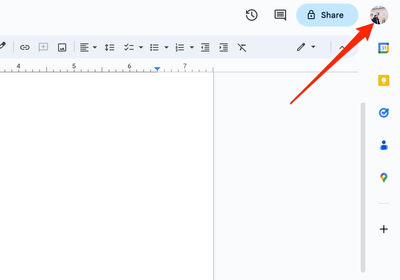 The location for your profile picture on a Google Doc
