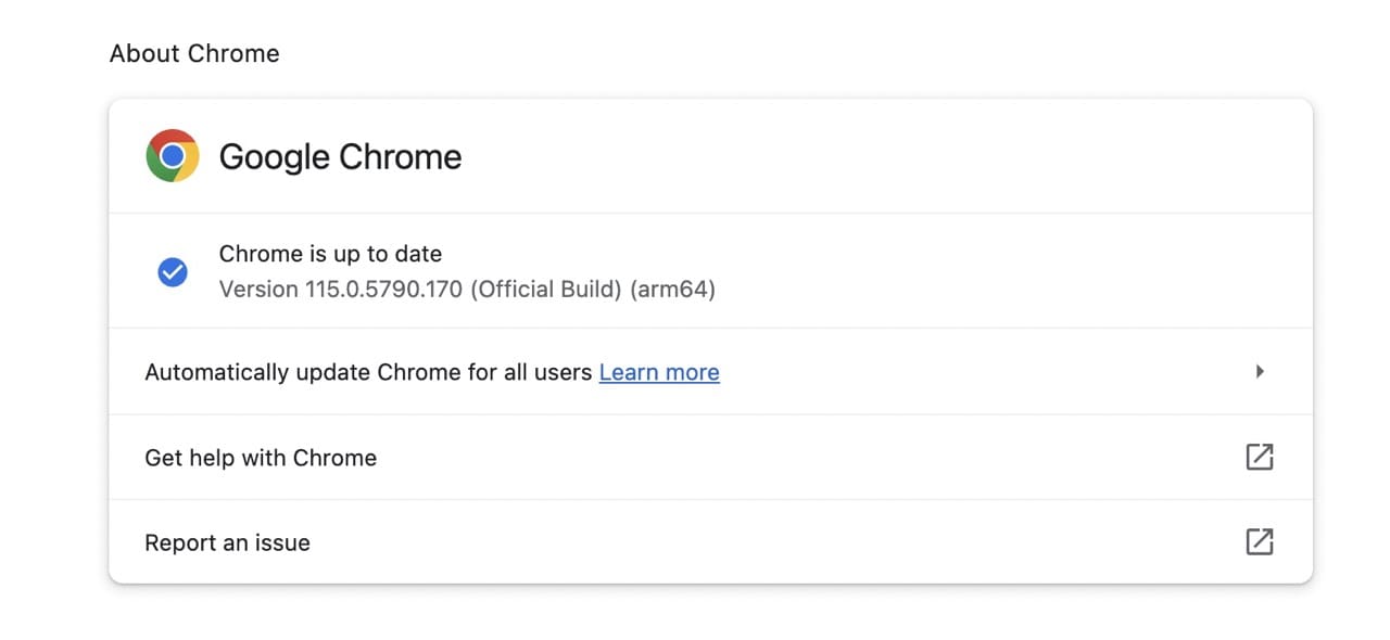 The About Google Chrome window, which is where you'll find the update option