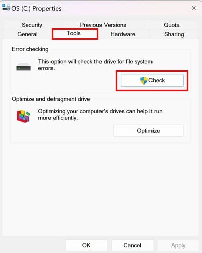 Error Checking option Windows 11
