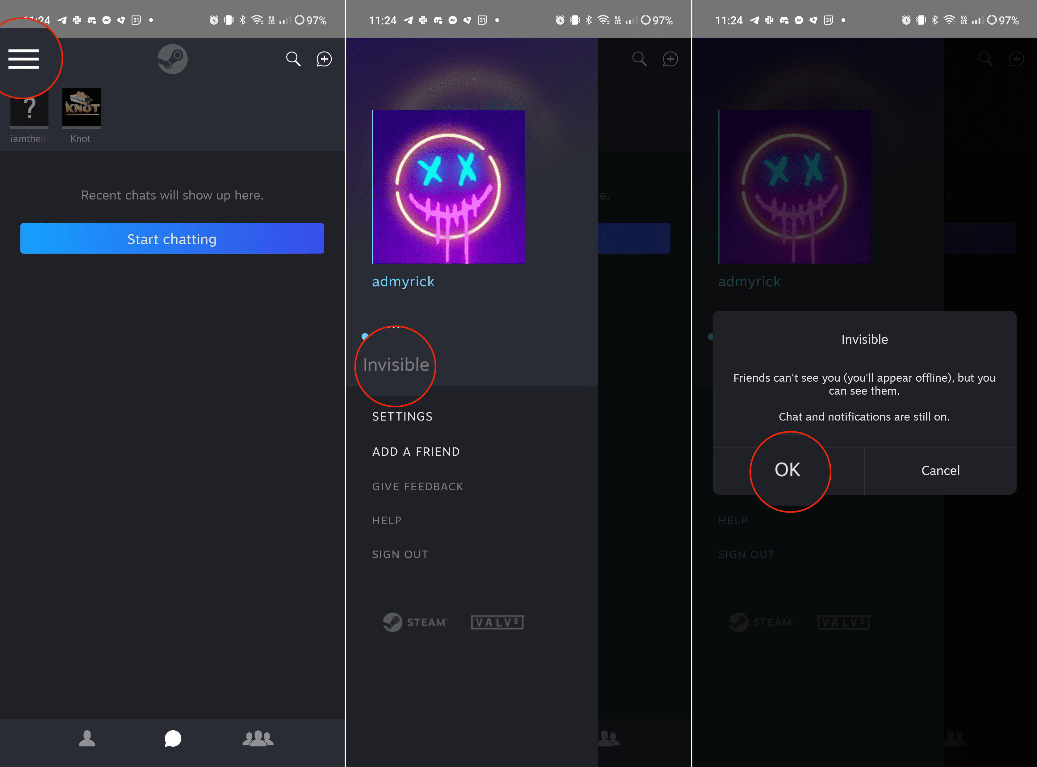 Show as invisible in Steam on Android