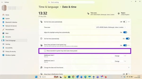 How to Enable Seconds on The Windows Taskbar Clock - Technipages